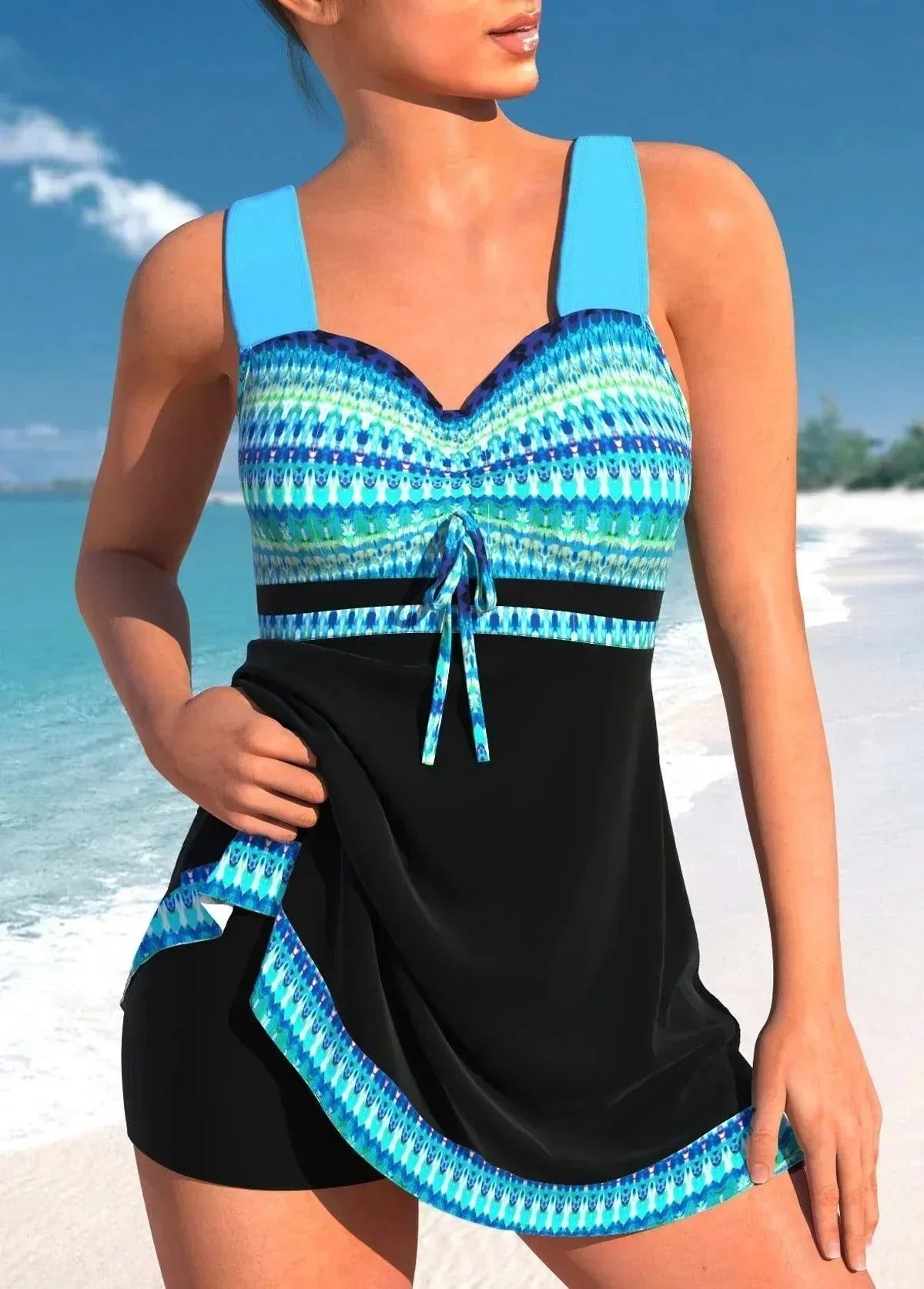 Aztec Print Ruffle Tankini Swimsuit - Adjustable Straps