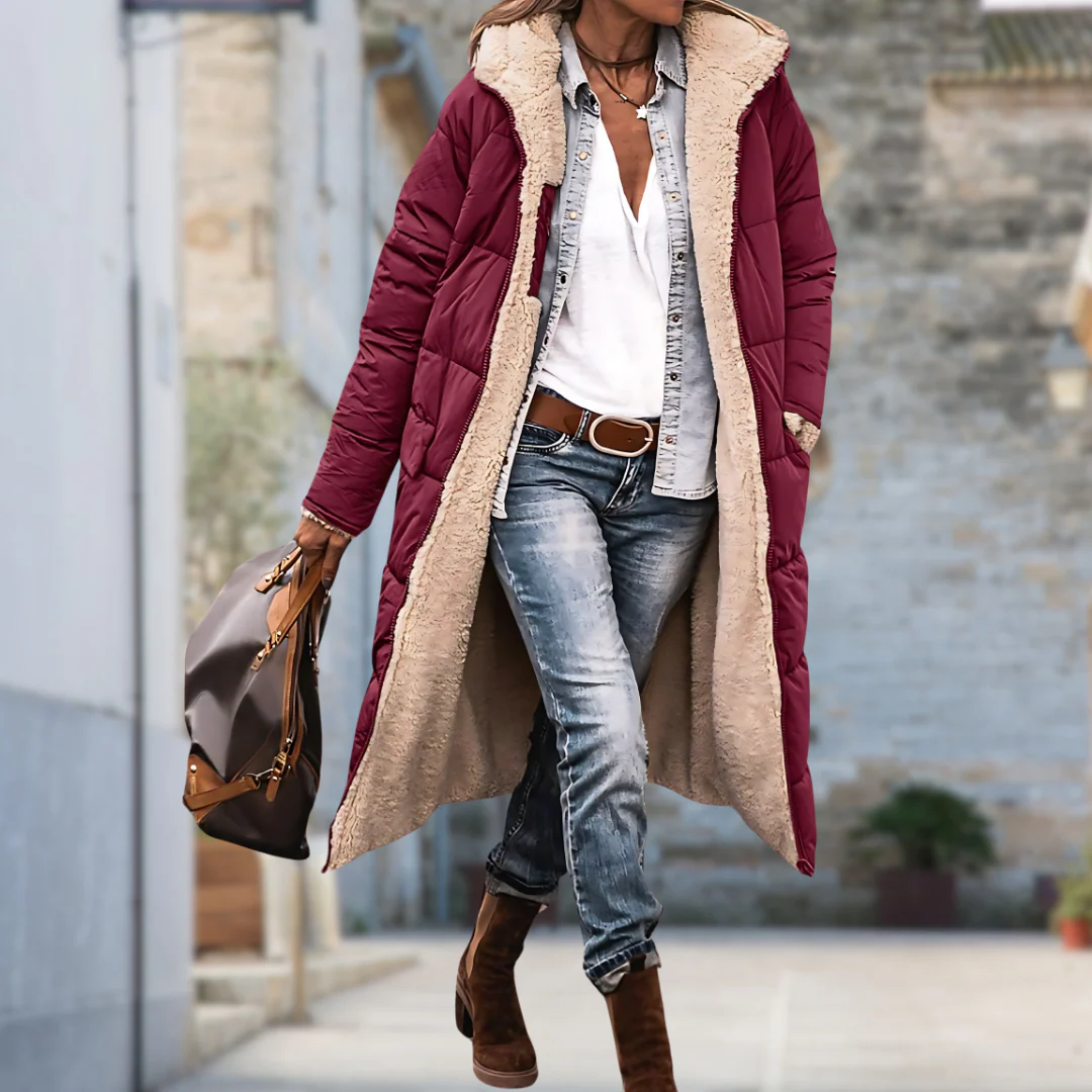 Long Quilted Coat with Faux Shearling Lining