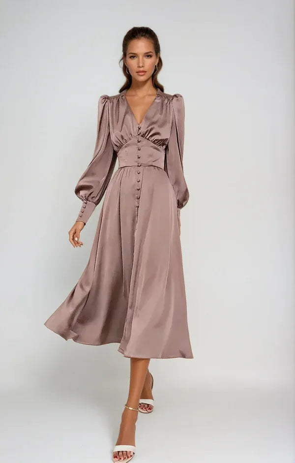 Buttoned Midi Dress with Puff Sleeves
