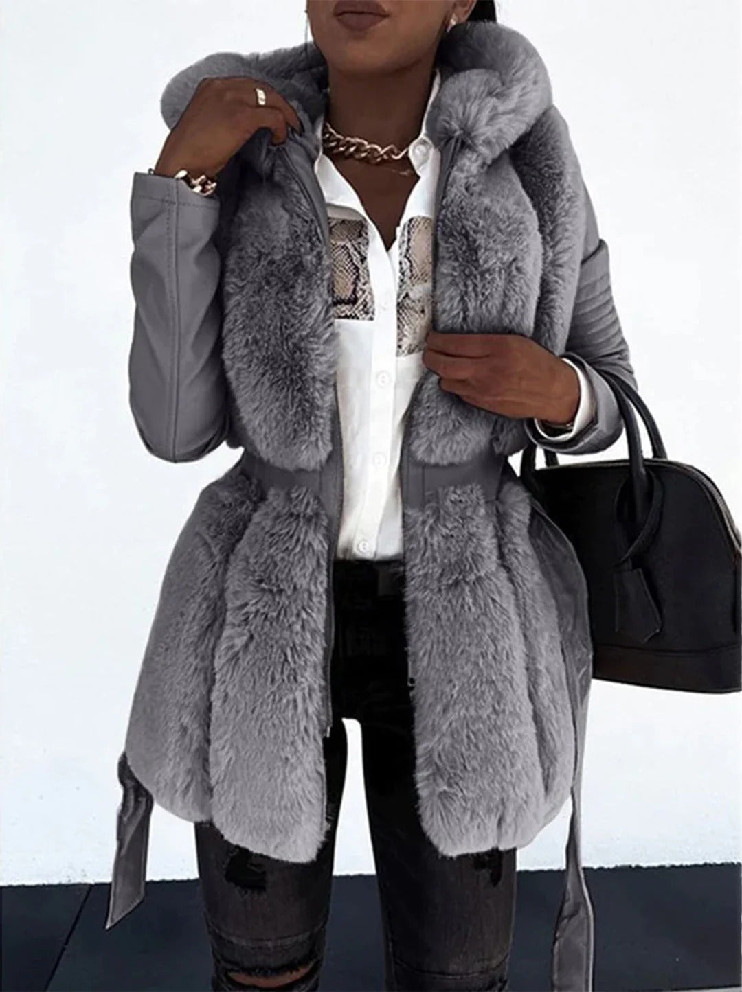 Belted Coat with Faux Fur Front Panel