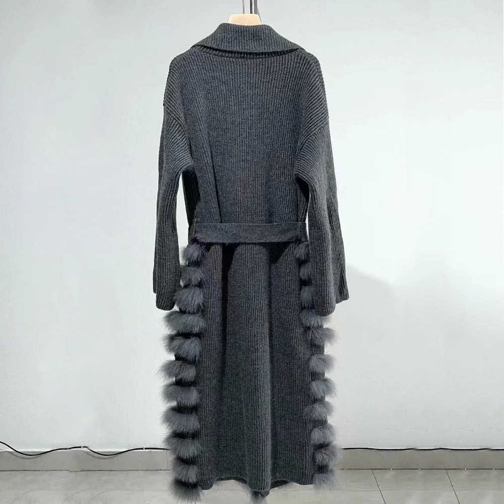Fall Belted Knit Cardigan with Fur Hem