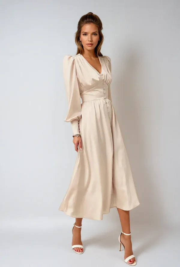 Buttoned Midi Dress with Puff Sleeves