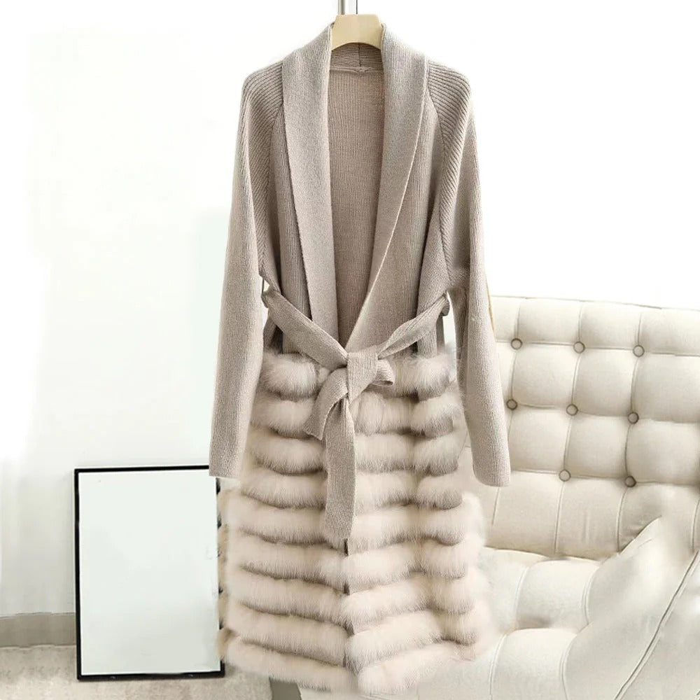 Fall Belted Knit Cardigan with Fur Hem