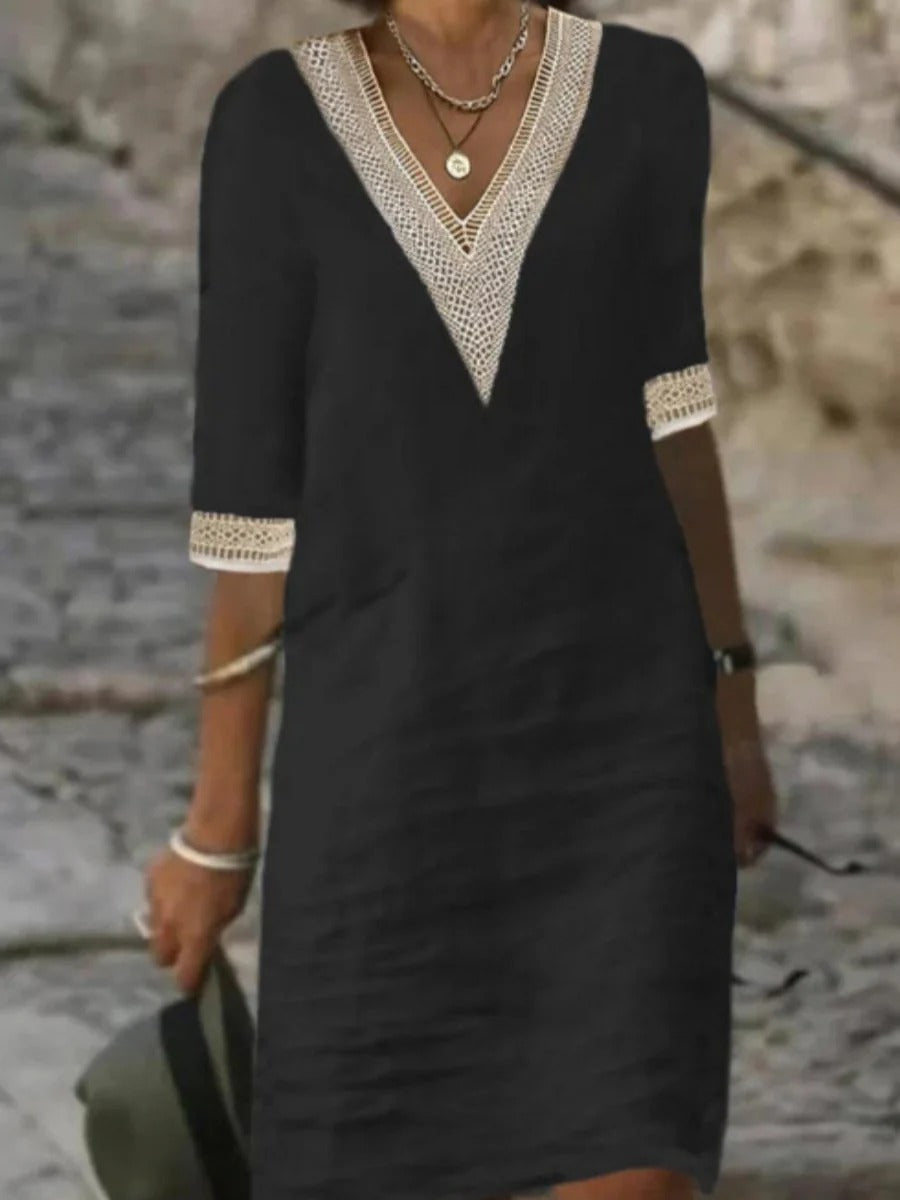 Crochet Trim Linen Shift Dress