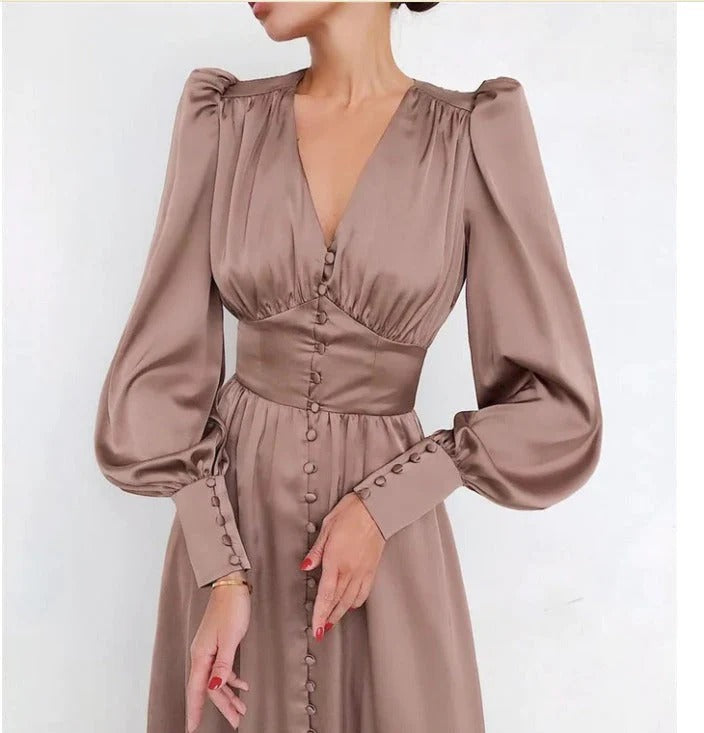 Buttoned Midi Dress with Puff Sleeves