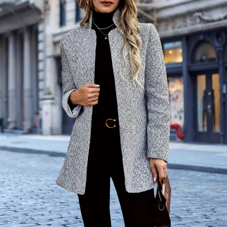 Fall Herringbone Stand-Collar Coat