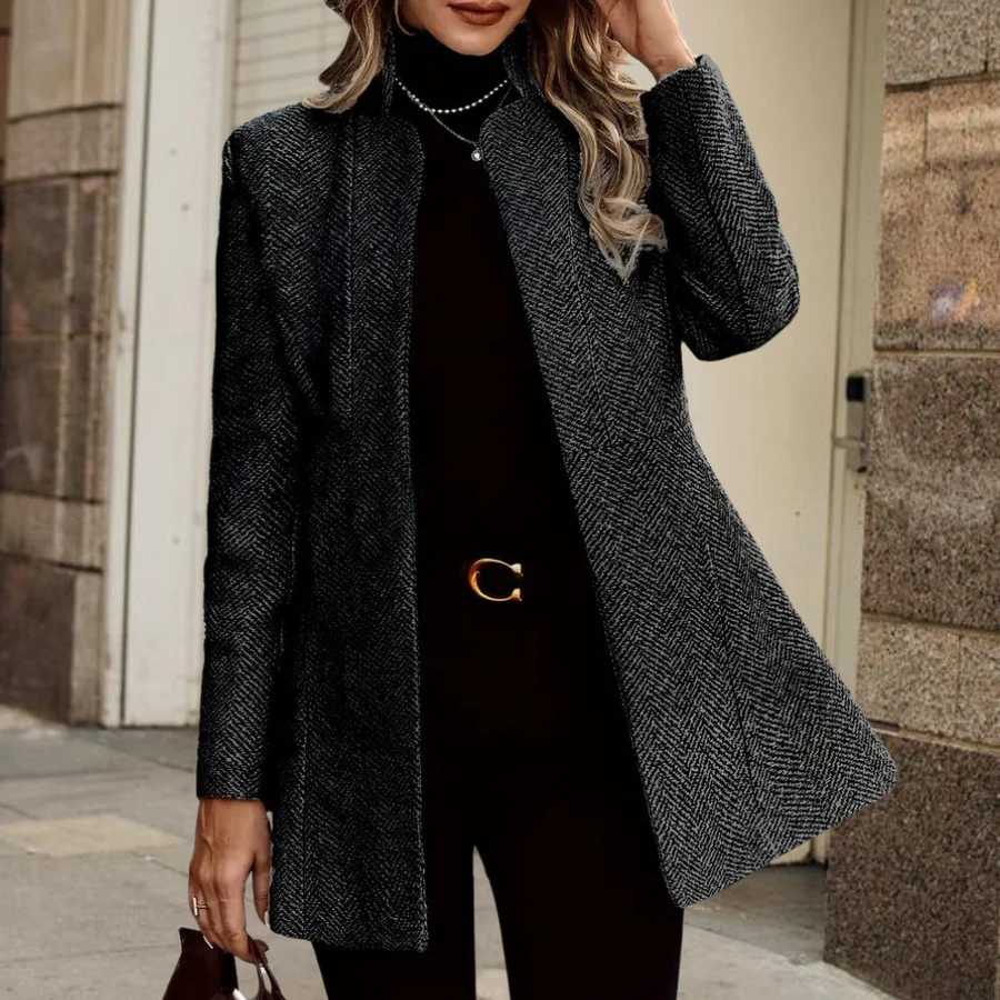 Fall Herringbone Stand-Collar Coat