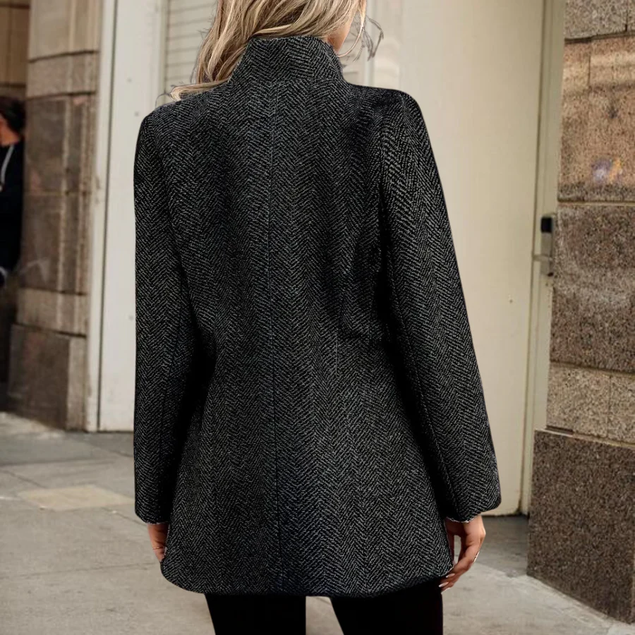 Fall Herringbone Stand-Collar Coat