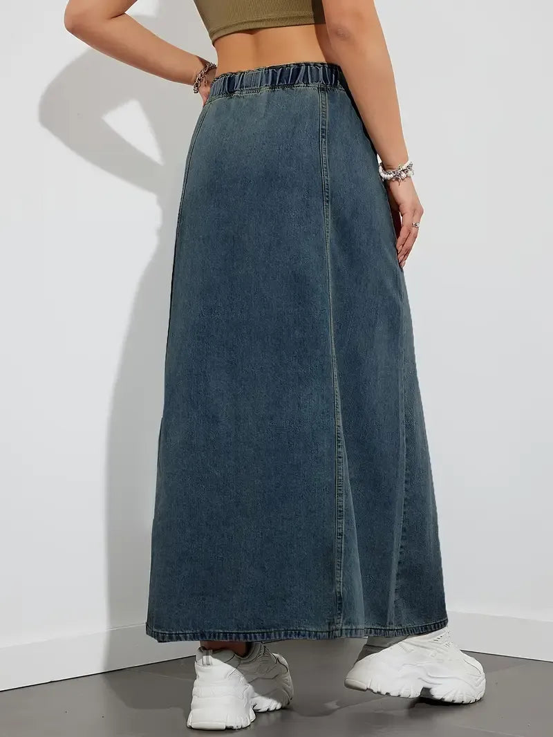 Drawstring Denim Maxi Skirt