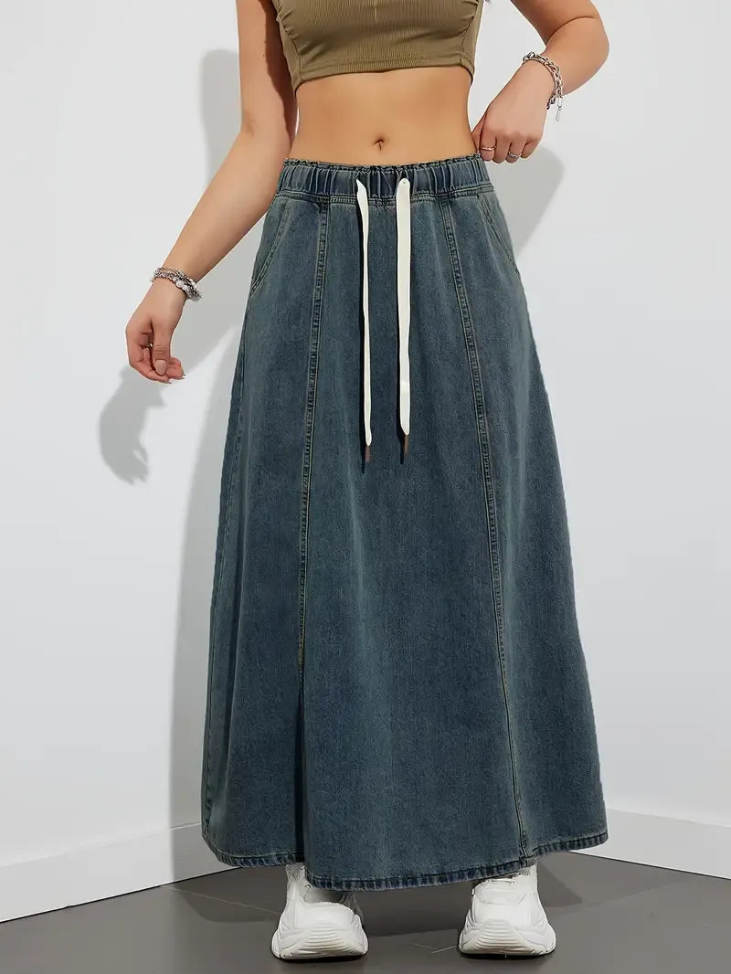 Drawstring Denim Maxi Skirt