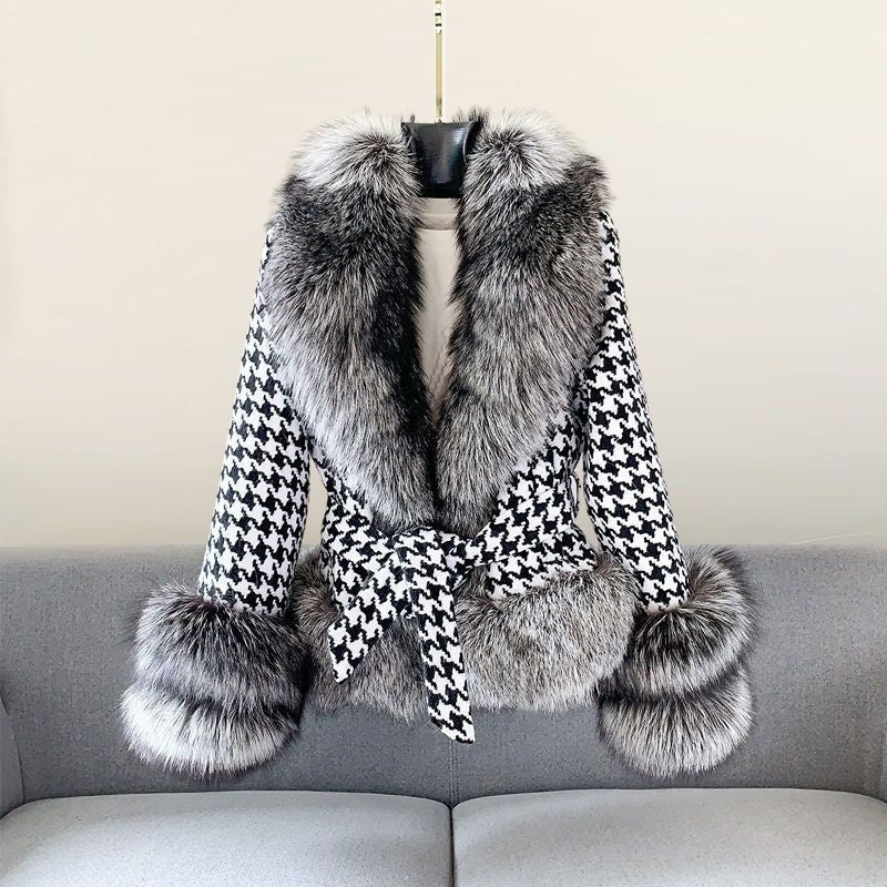Fall Houndstooth Faux Fur Trim Coat