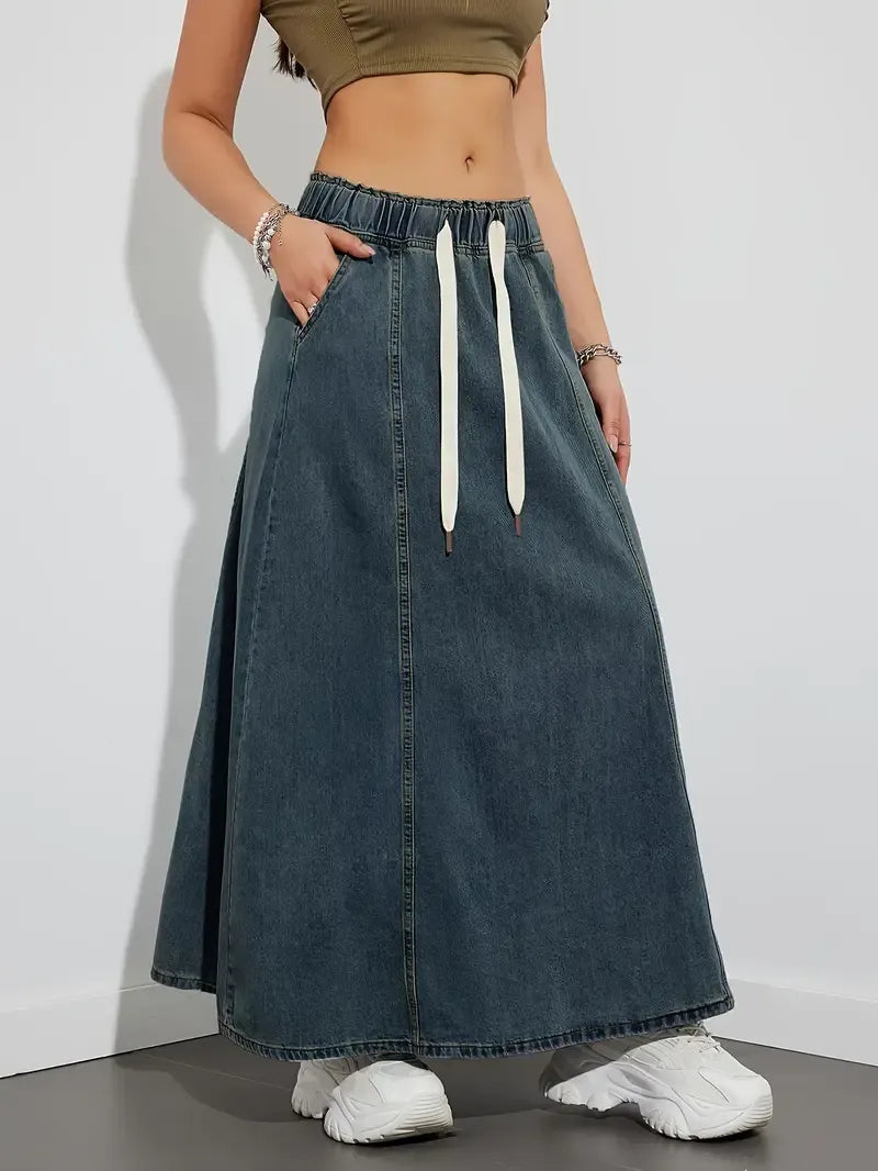 Drawstring Denim Maxi Skirt