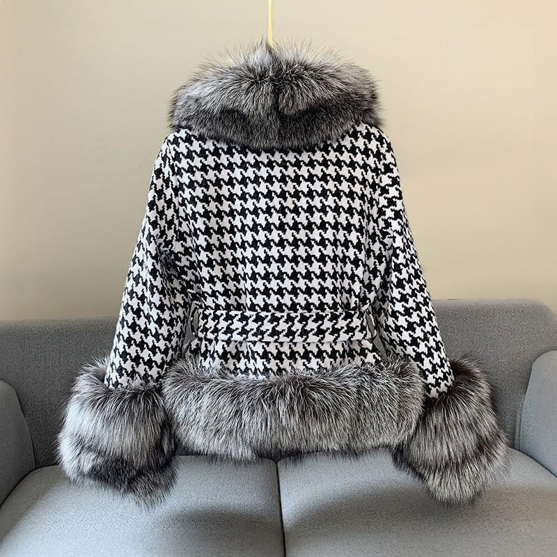 Fall Houndstooth Faux Fur Trim Coat