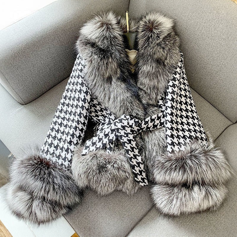 Fall Houndstooth Faux Fur Trim Coat