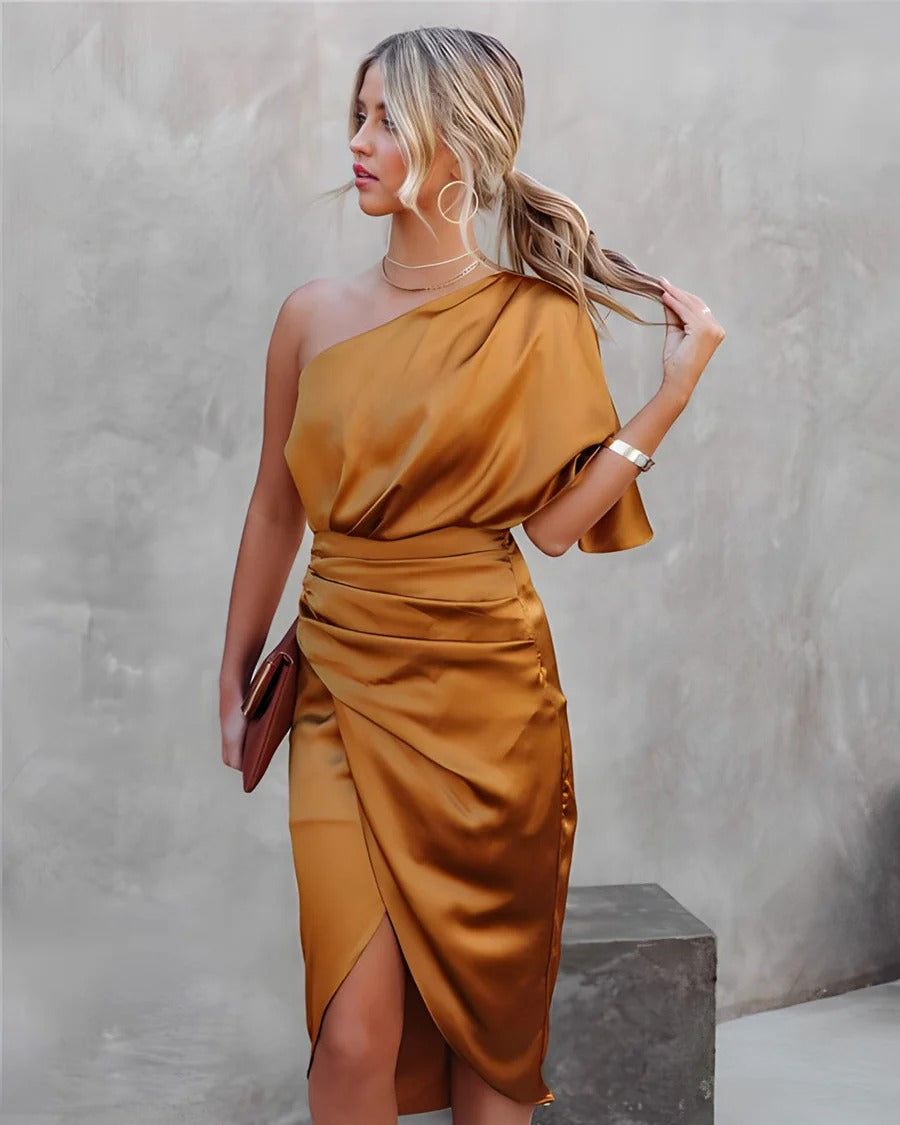 Asymmetric Satin Drape Dress