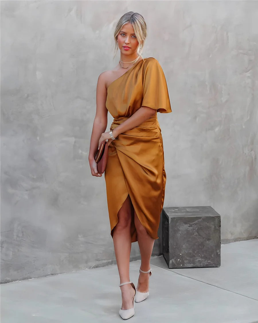 Asymmetric Satin Drape Dress