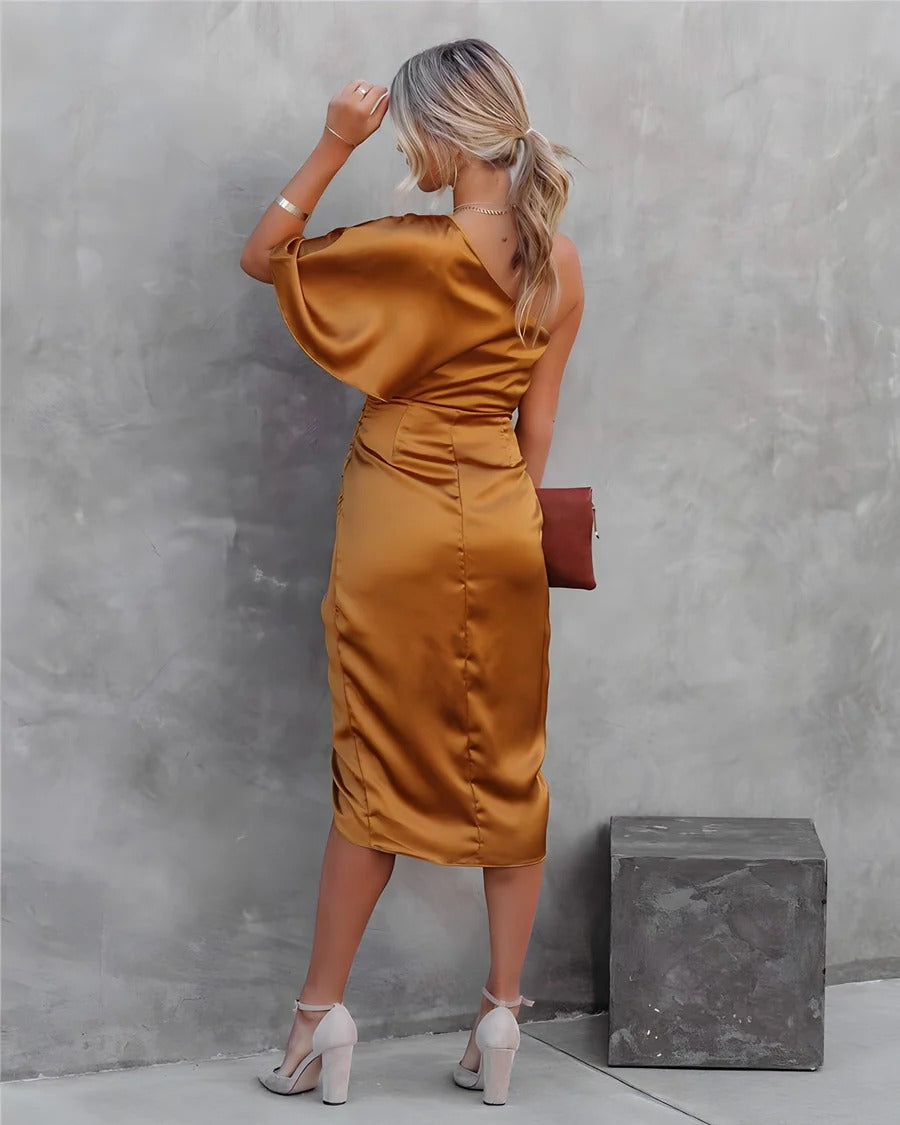 Asymmetric Satin Drape Dress