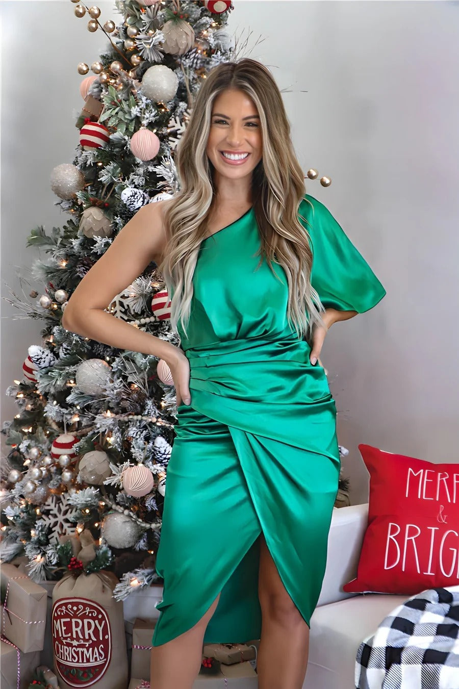 Asymmetric Satin Drape Dress