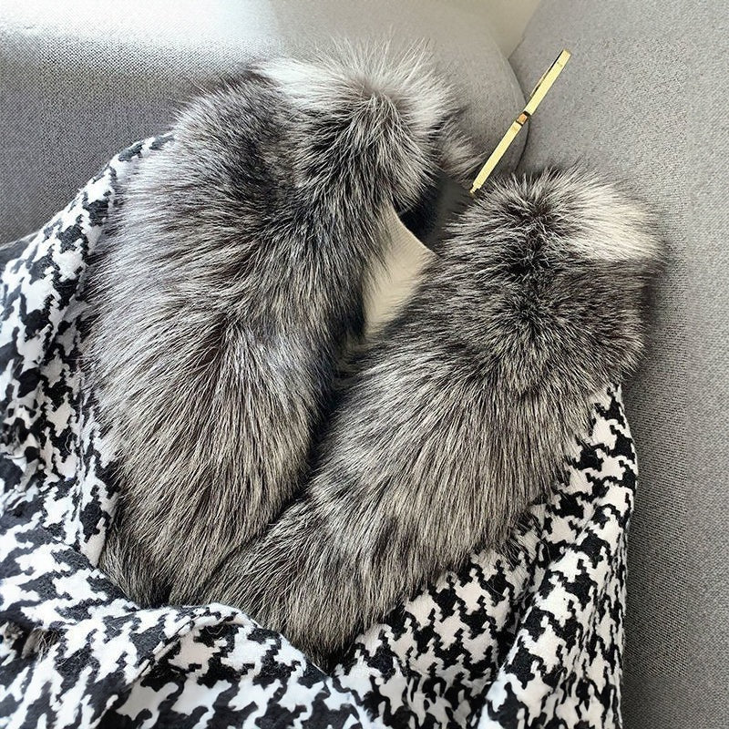 Fall Houndstooth Faux Fur Trim Coat