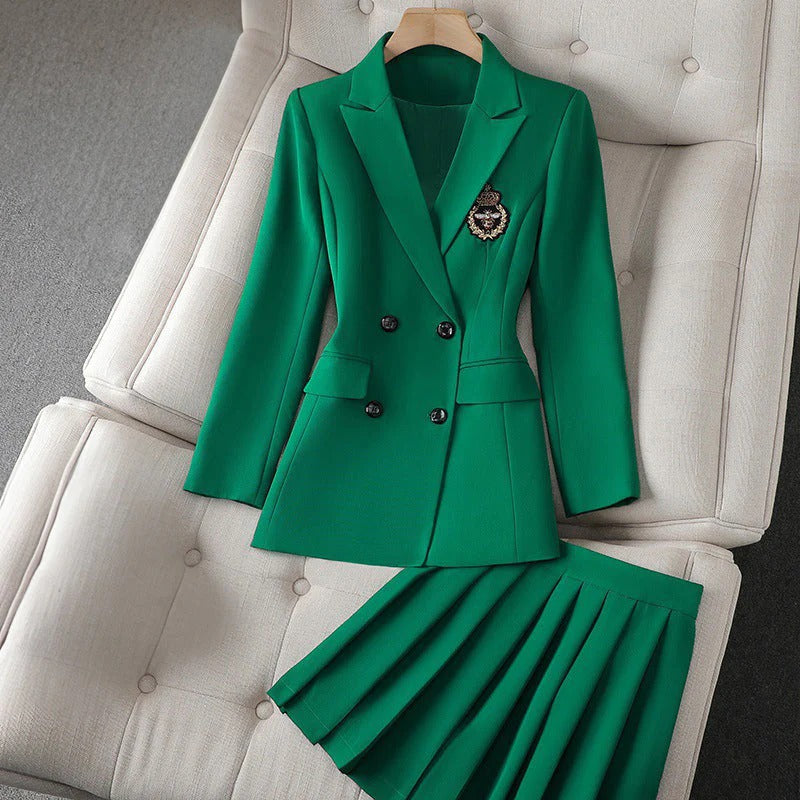 Double-Breasted Blazer & Pleated Skirt Set