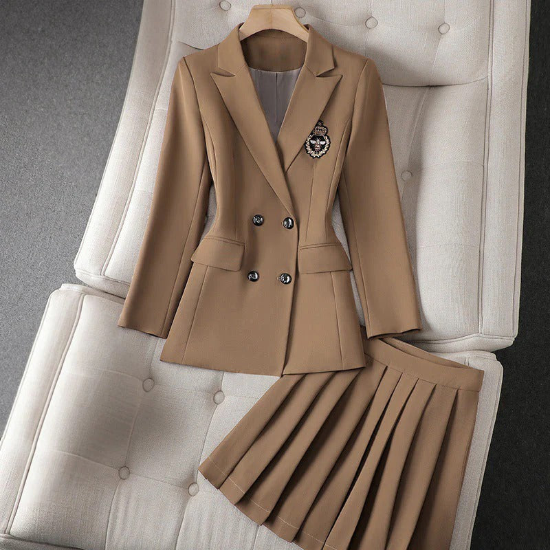 Double-Breasted Blazer & Pleated Skirt Set