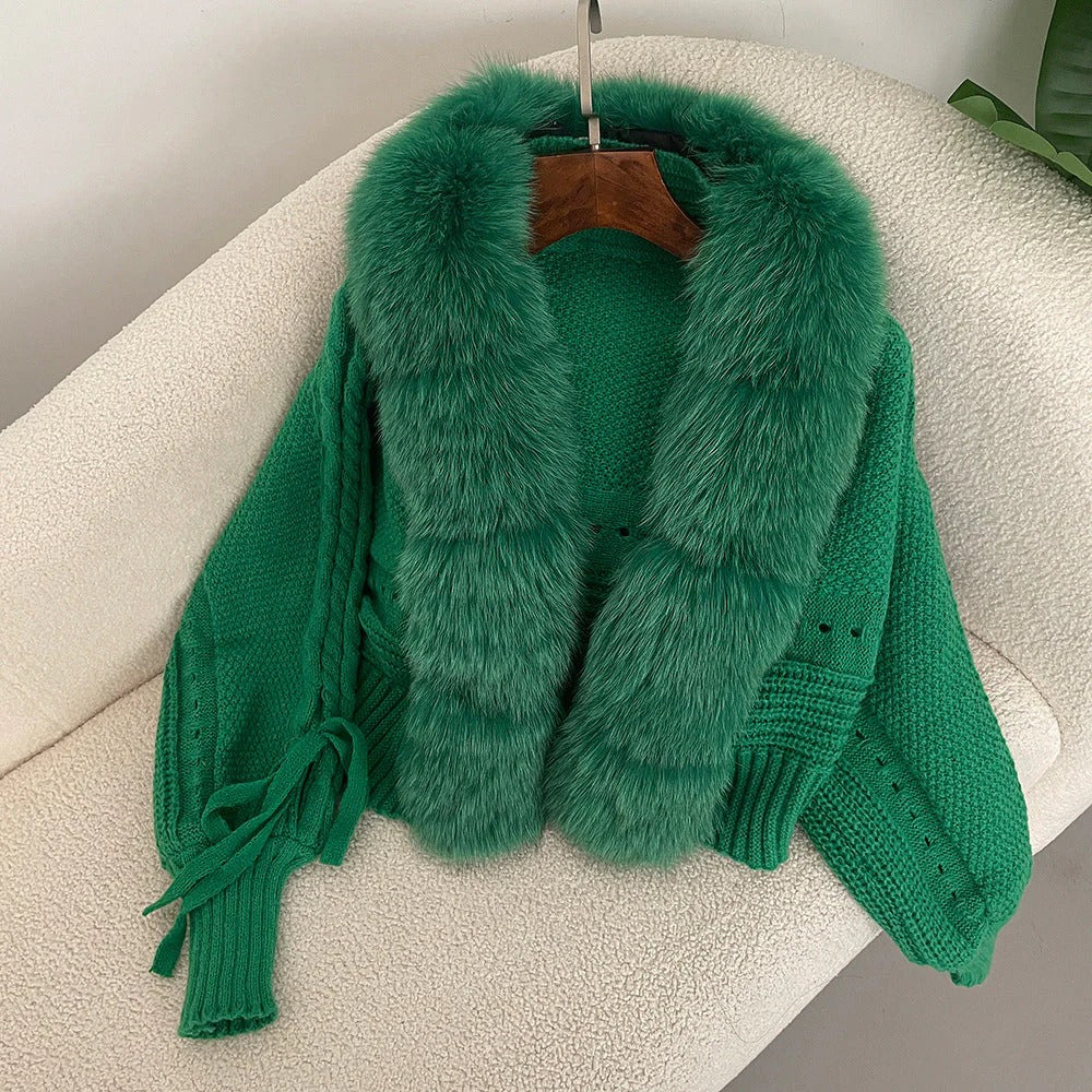 Fall Knit Coat with Fur Collar