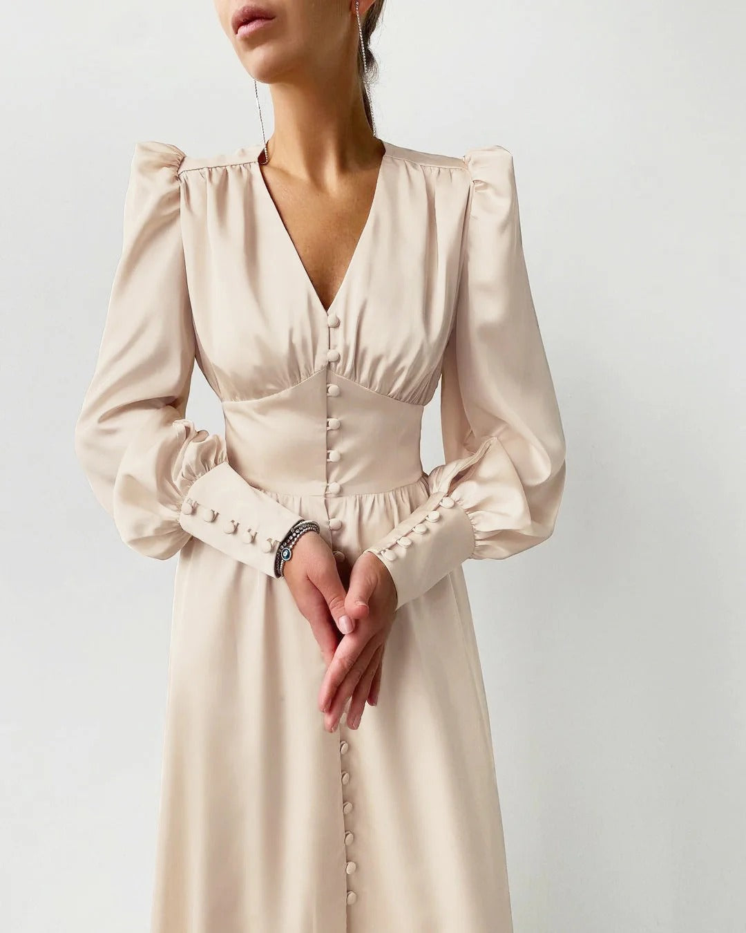 Buttoned Midi Dress with Puff Sleeves