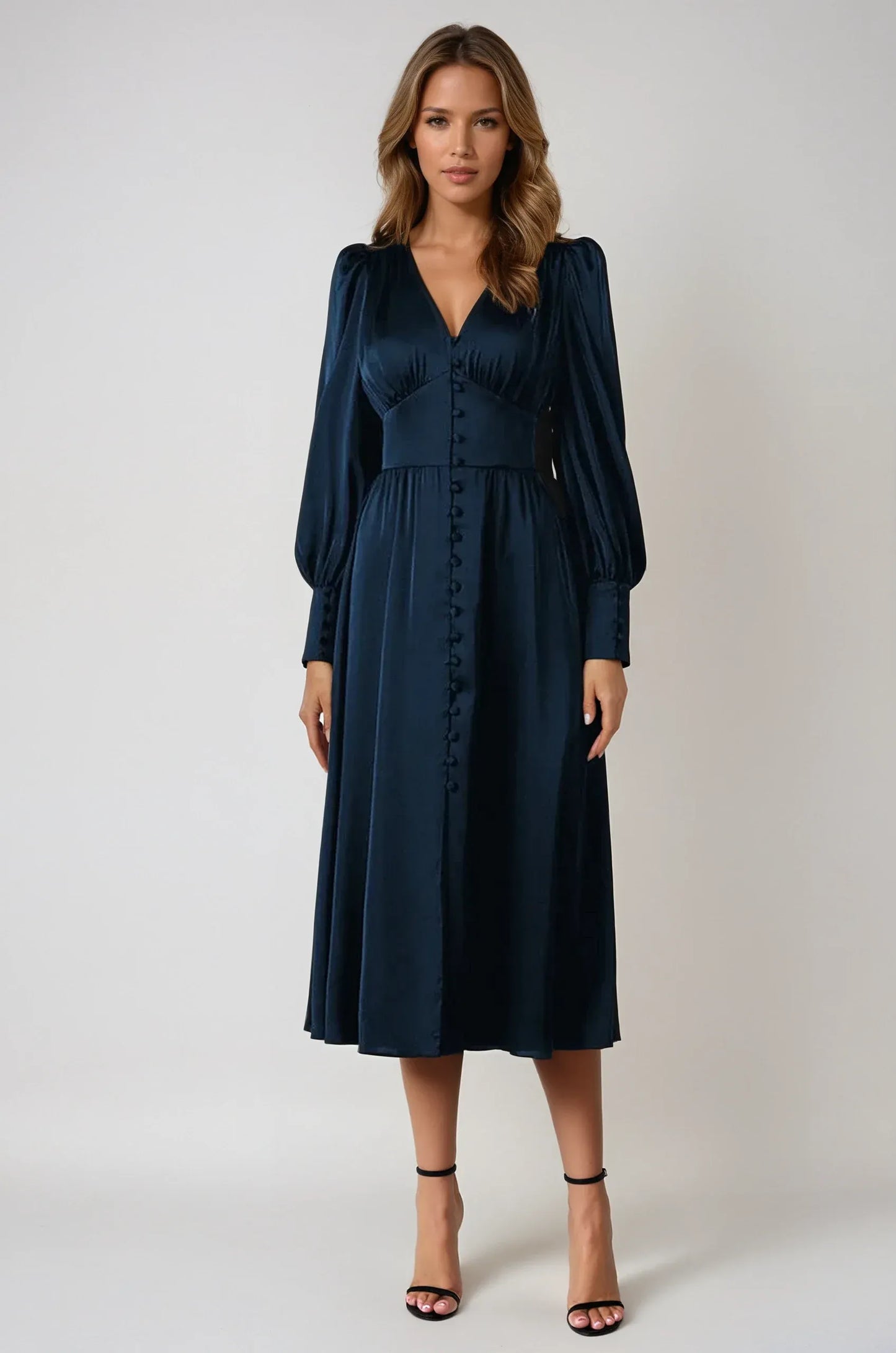 Buttoned Midi Dress with Puff Sleeves