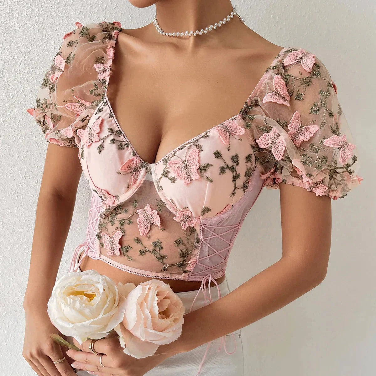 Butterfly Embroidered Crop Top