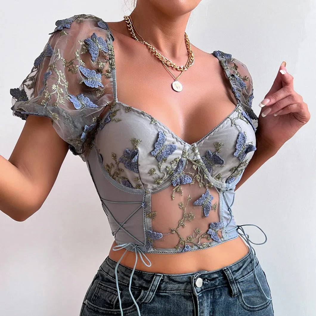 Butterfly Embroidered Crop Top