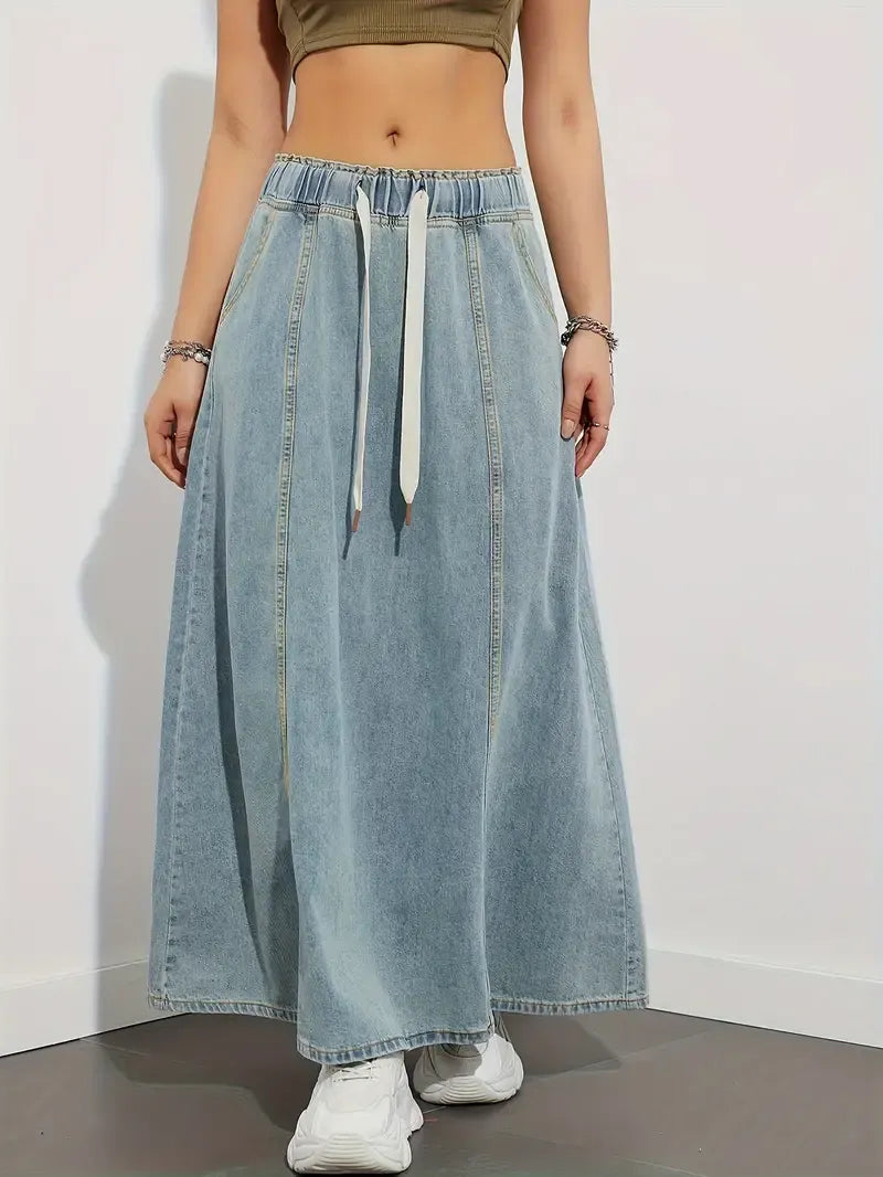 Drawstring Denim Maxi Skirt
