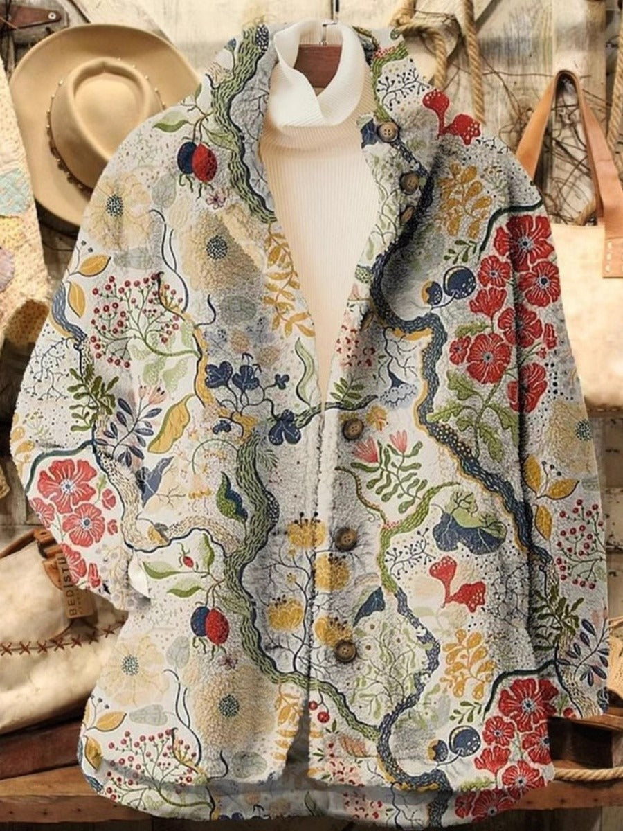 Fall Floral Print Fleece Jacket