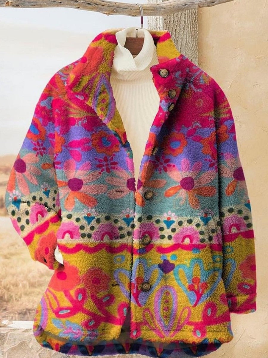 Fall Floral Print Fleece Jacket
