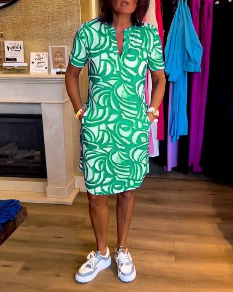 V-Neck Printed Summer Dress - Loose A-Line Fit, Lightweight Stretch Fabric