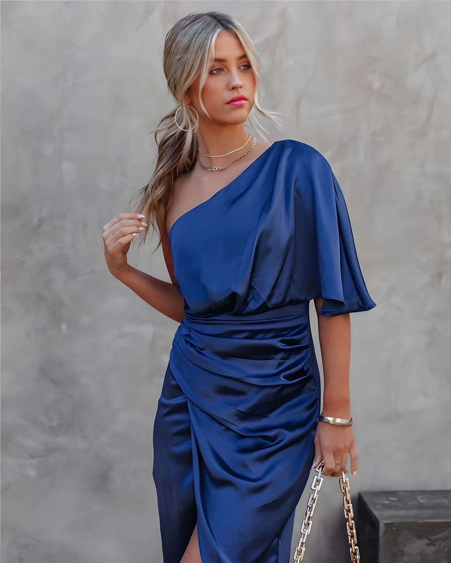 Asymmetric Satin Drape Dress