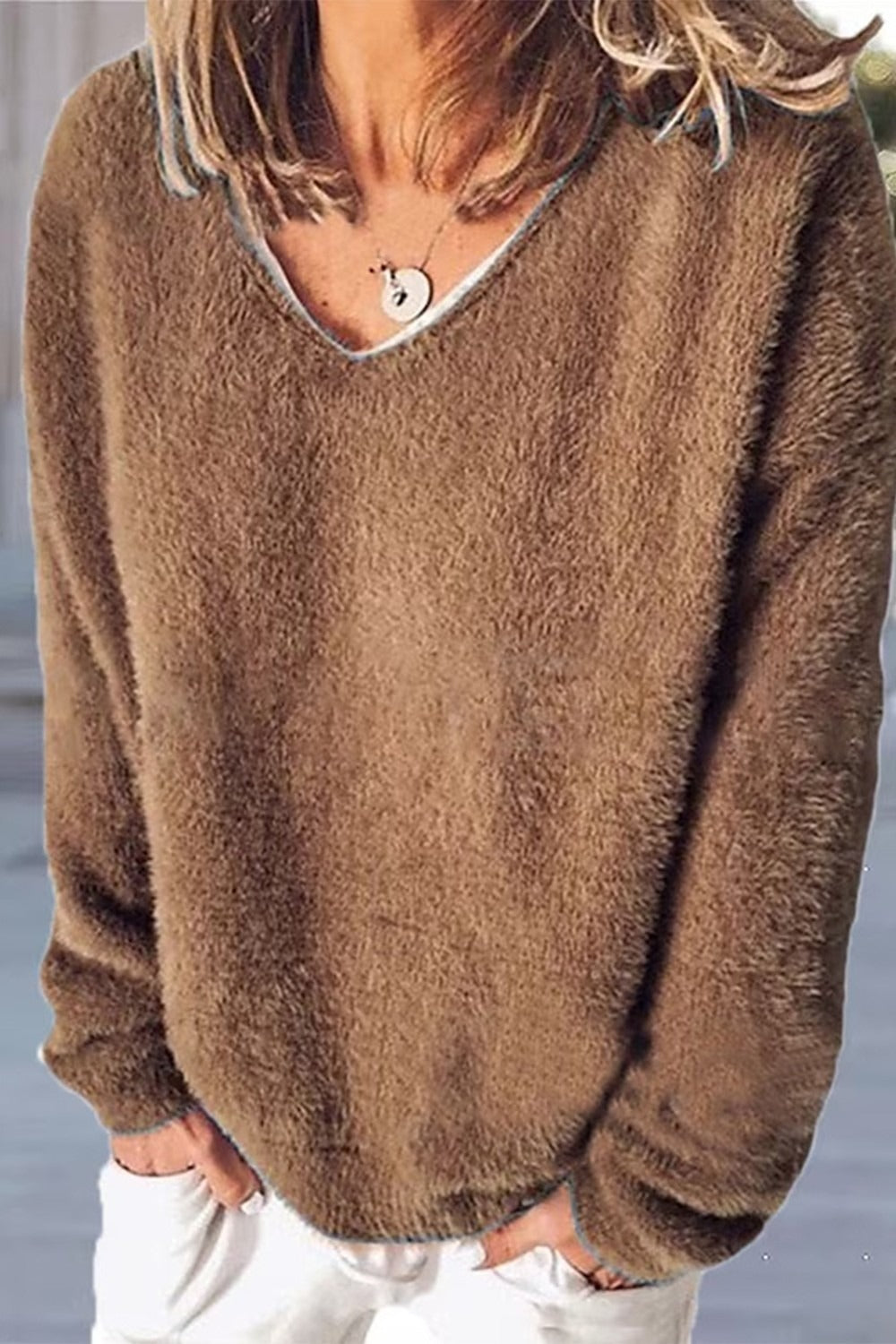 Fall Fuzzy V-Neck Sweater
