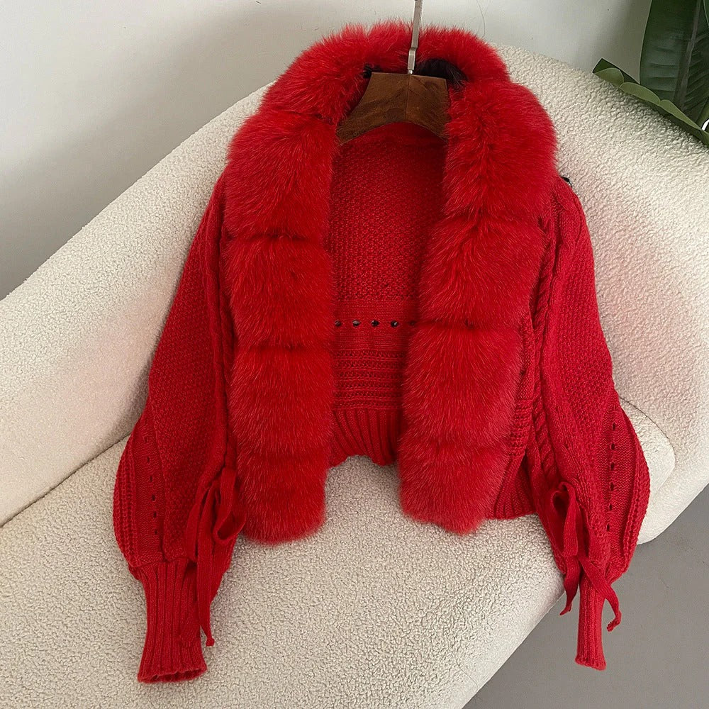 Fall Knit Coat with Fur Collar