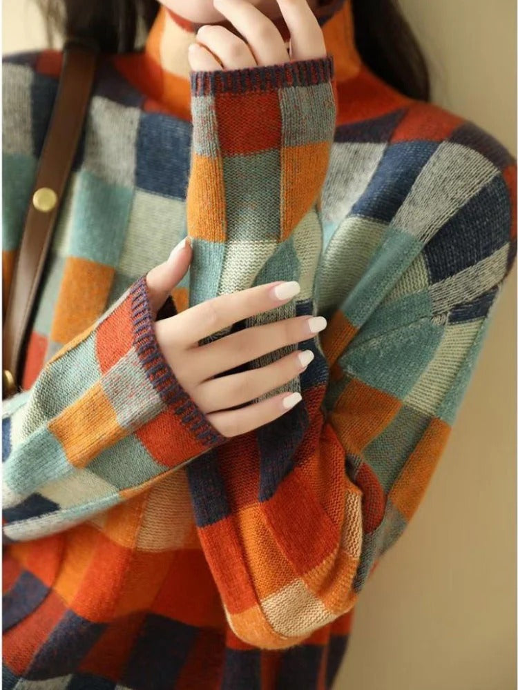 Fall Checkered Turtleneck Sweater