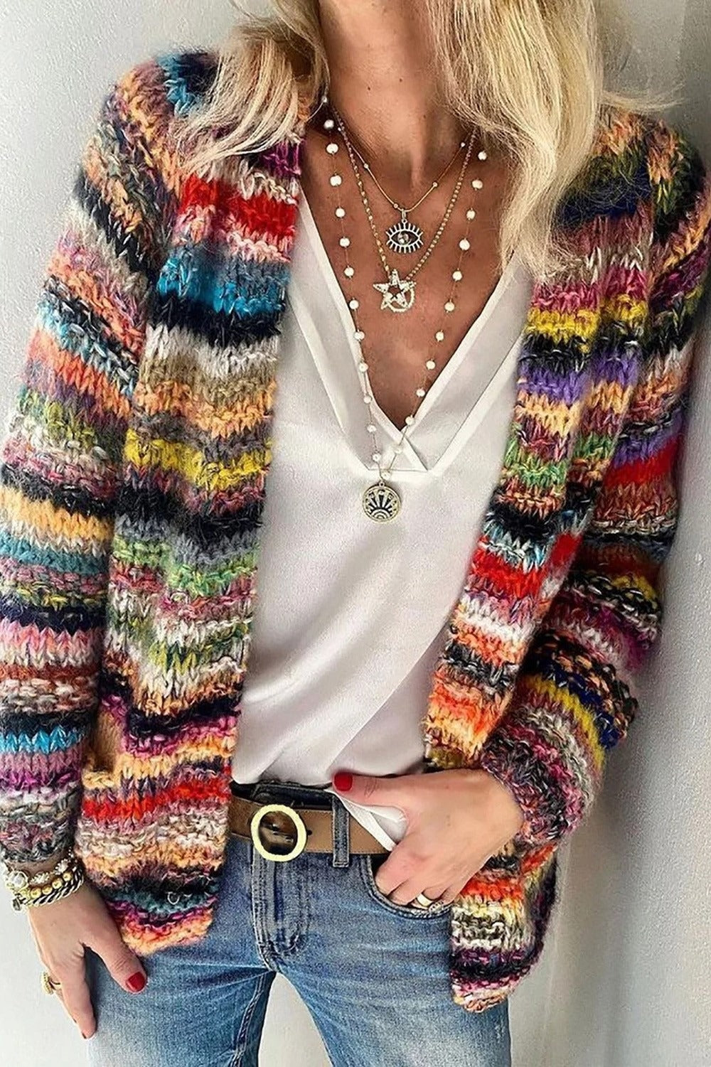 Striped Knit Open Cardigan