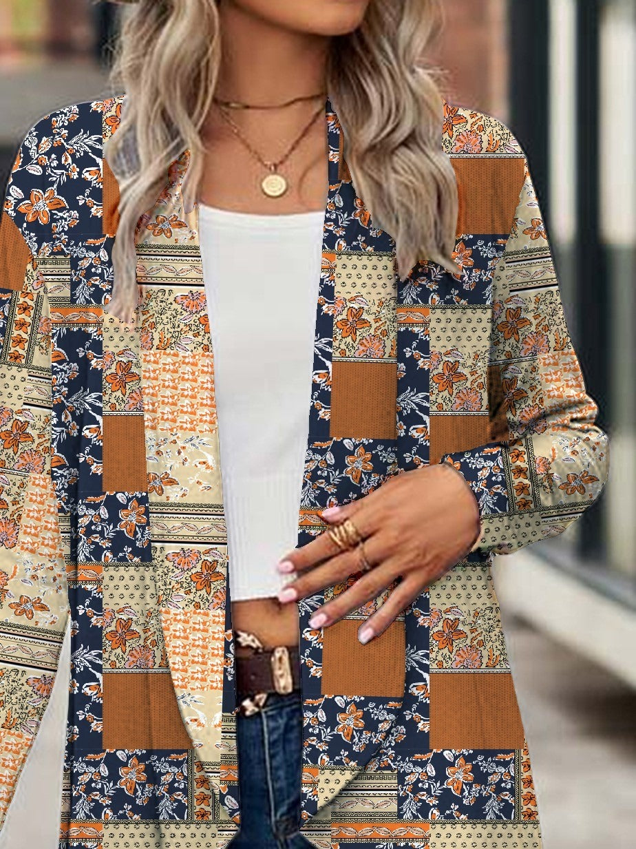 Patchwork Print Open Cardigan