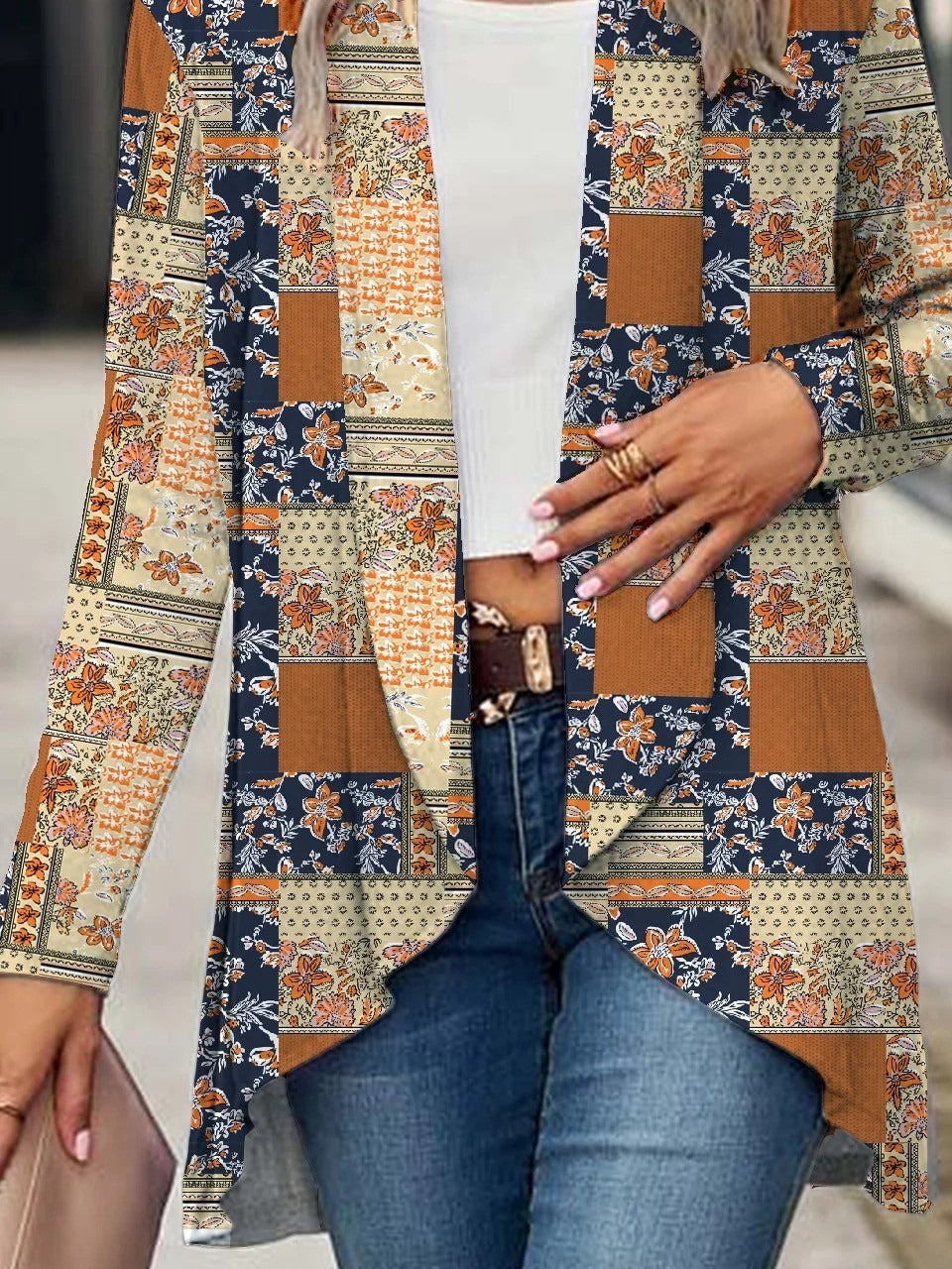 Patchwork Print Open Cardigan