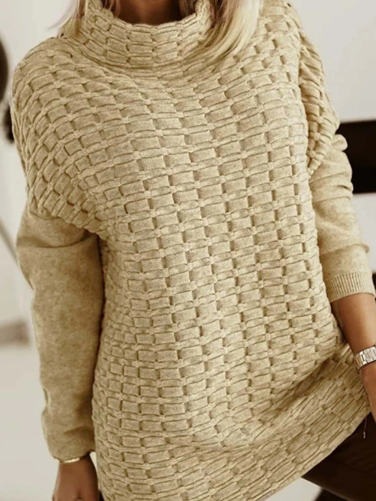 Fall Basketweave High-Neck Sweater