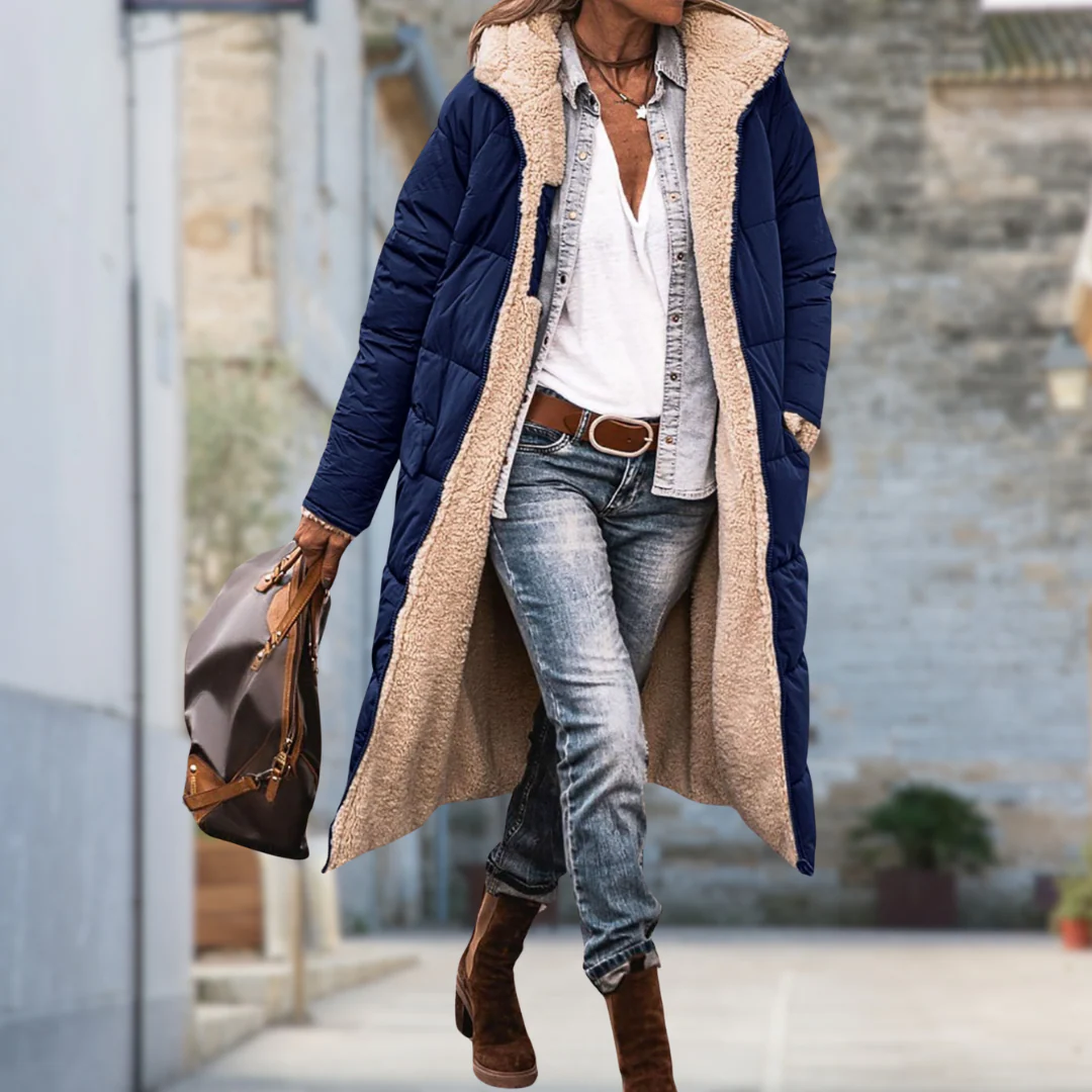 Long Quilted Coat with Faux Shearling Lining