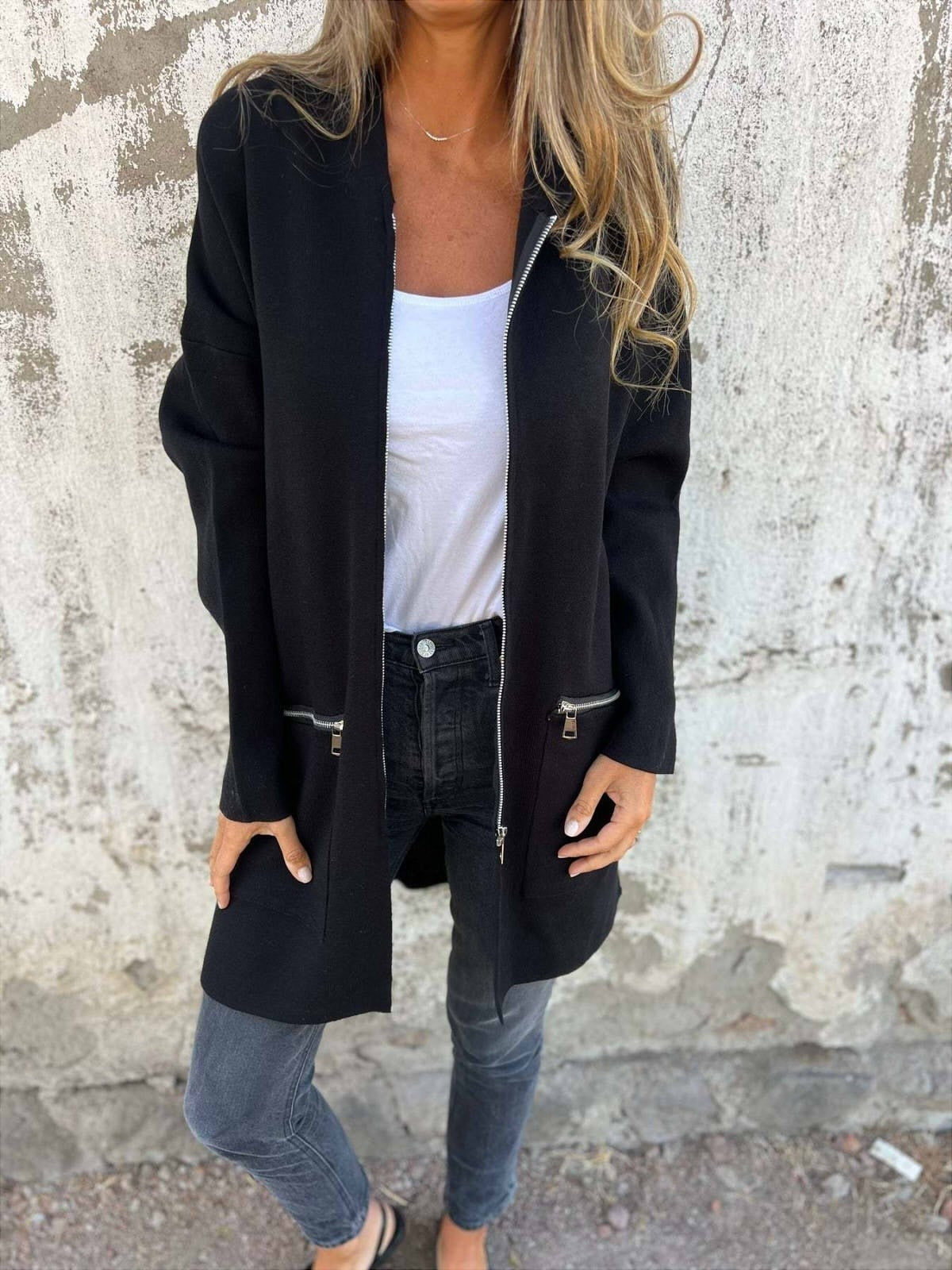 Zip-Pocket Open Front Coat