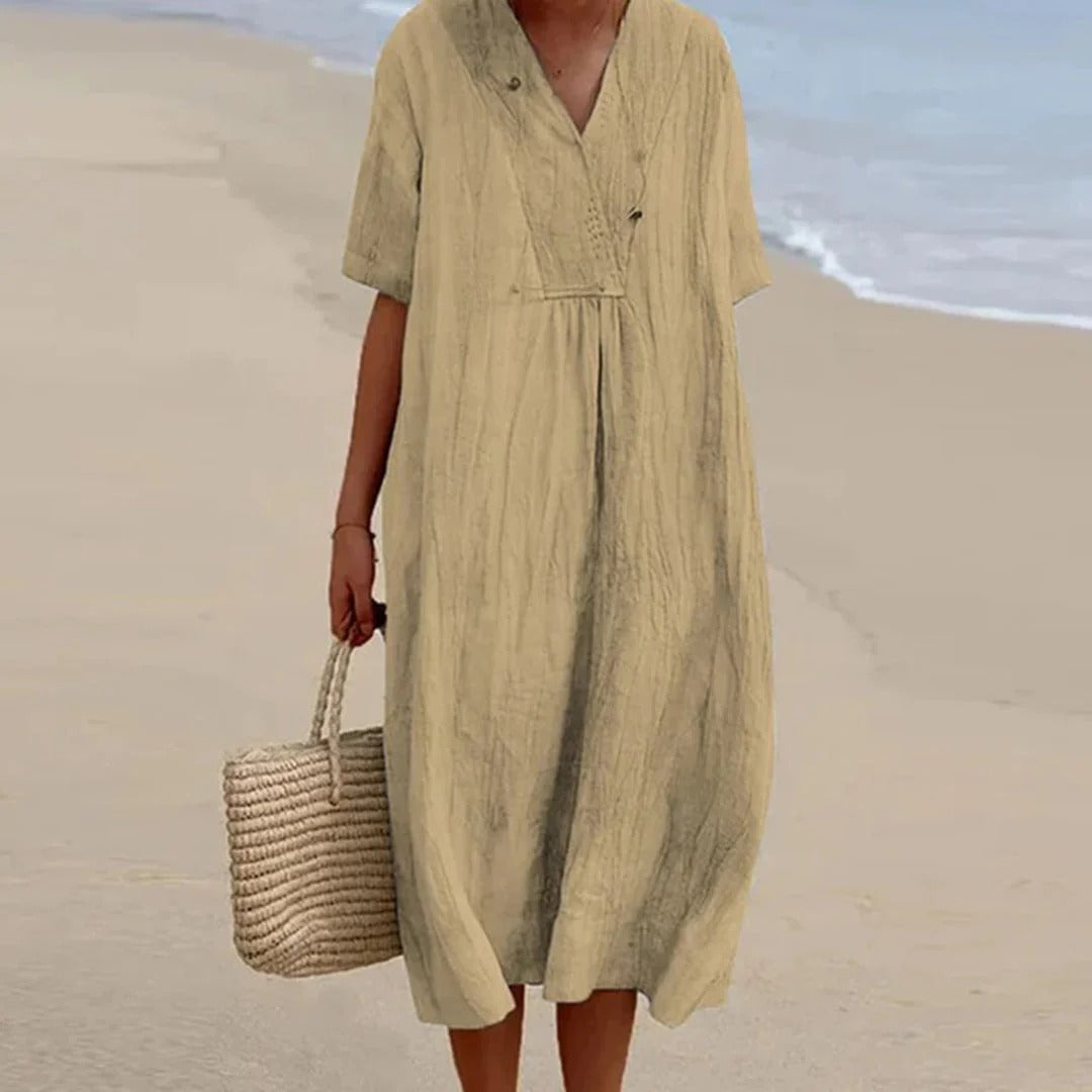Button-Neck Midi Dress
