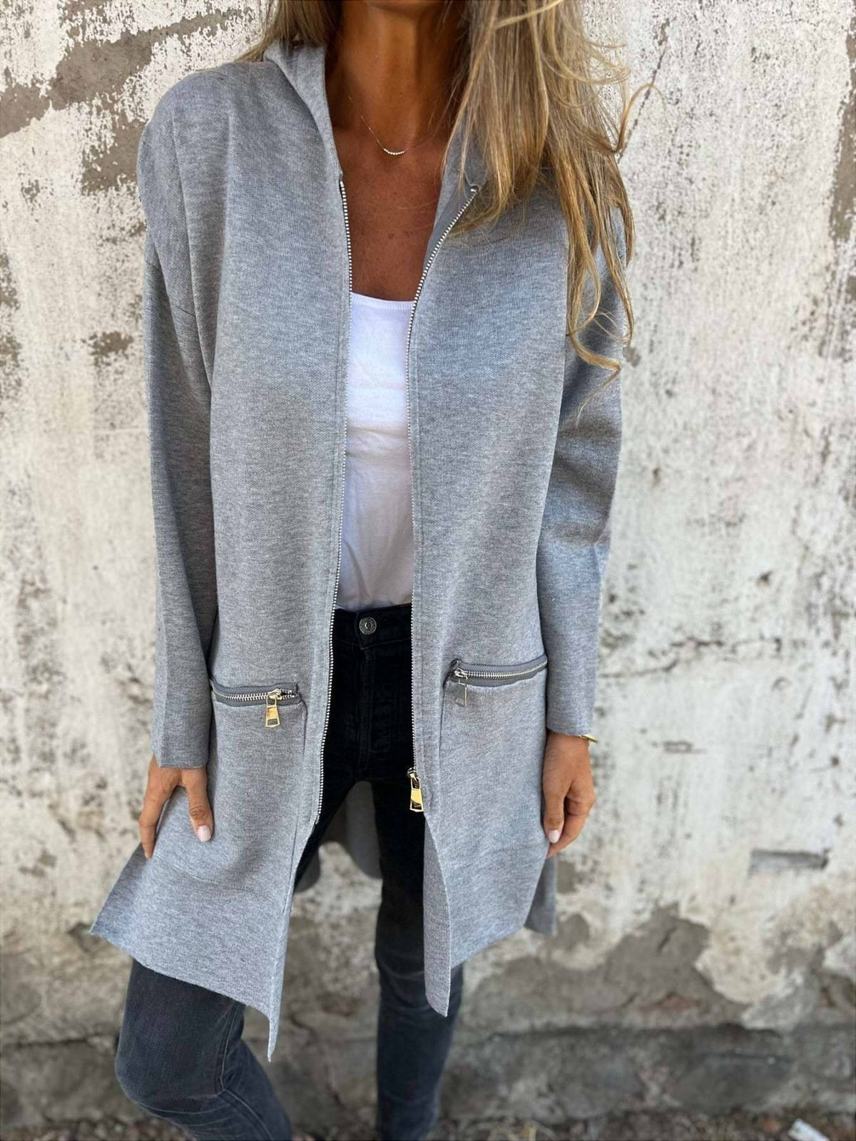 Zip-Pocket Open Front Coat