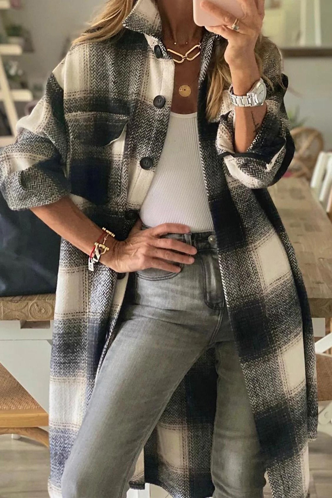 Fall Plaid Button-Down Coat