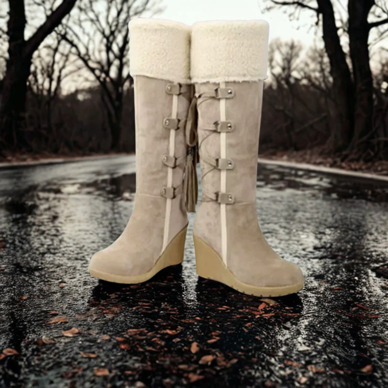 Fall Wedge Knee-High Boots with Shearling Cuff