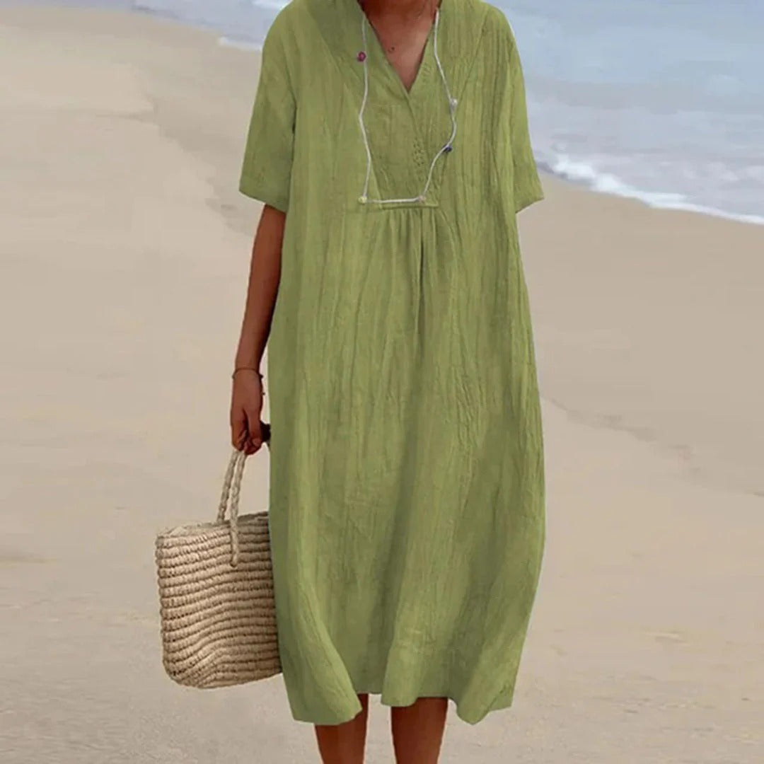Button-Neck Midi Dress