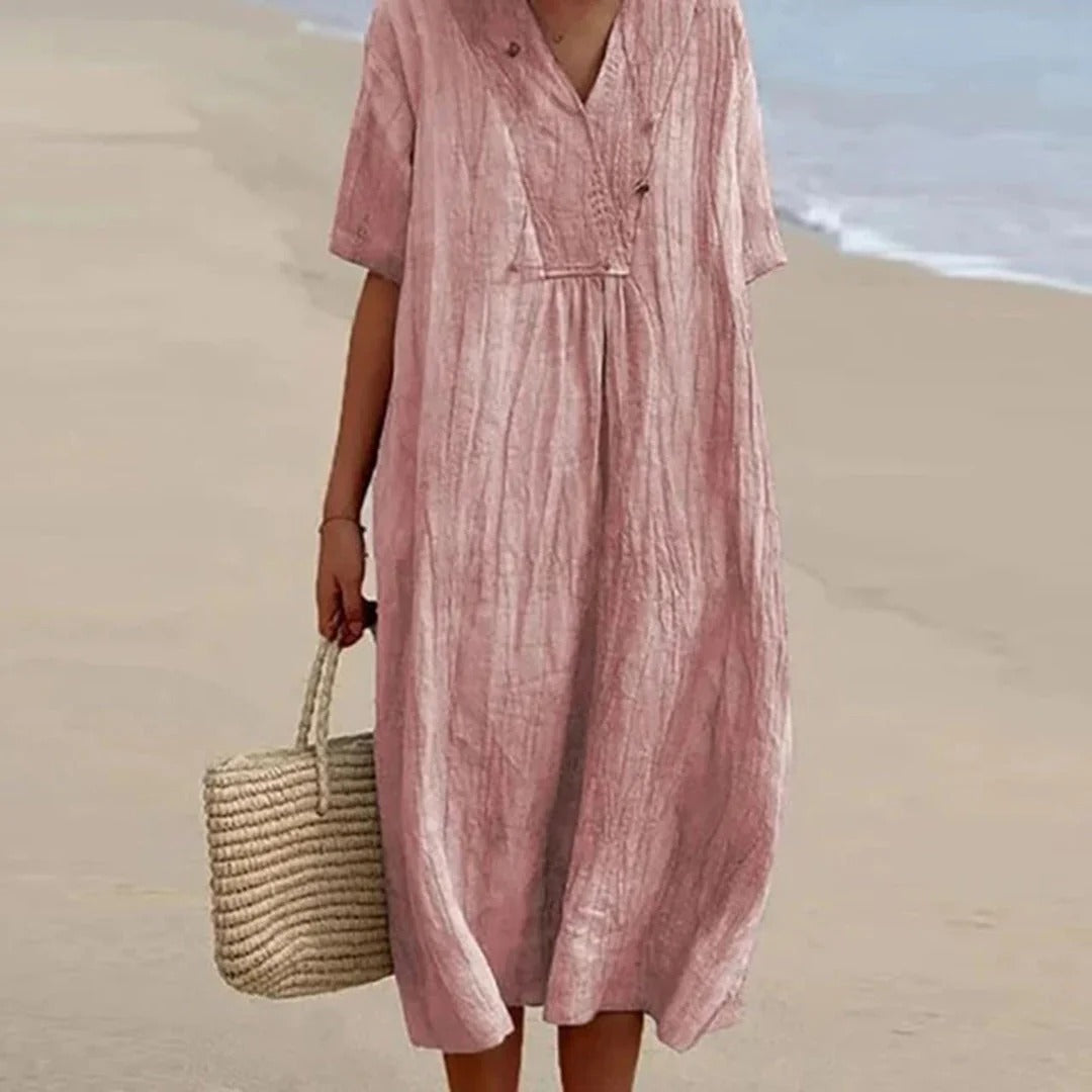 Button-Neck Midi Dress